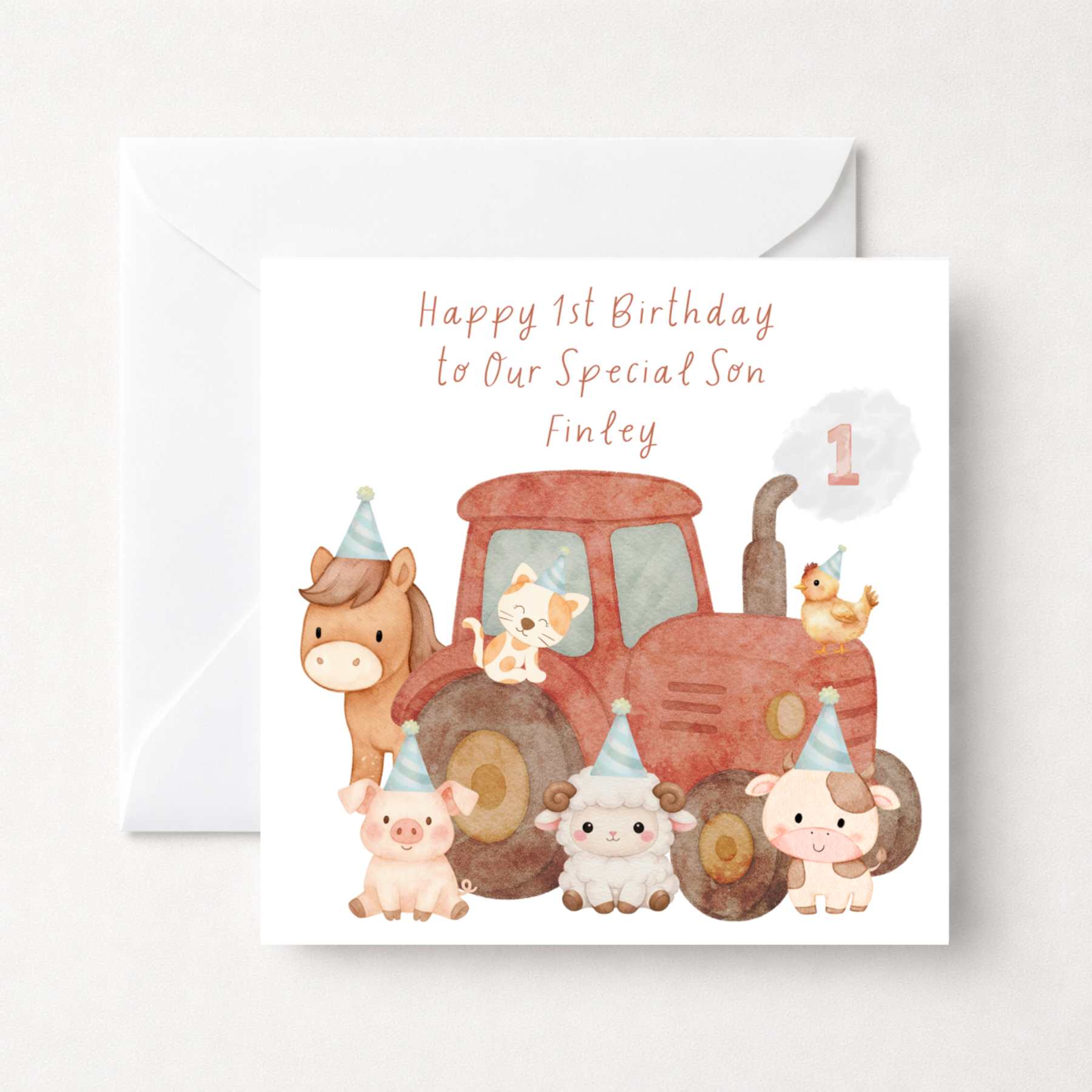 Personalised Farm Animals Tractor First Birthday Card