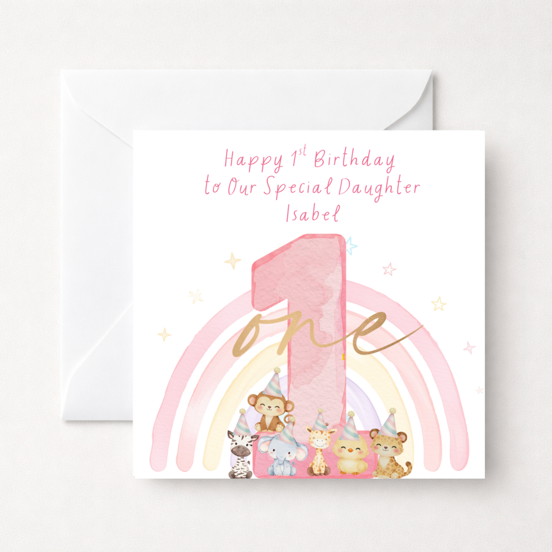 Personalised Pink Rainbow 1st Birthday Card