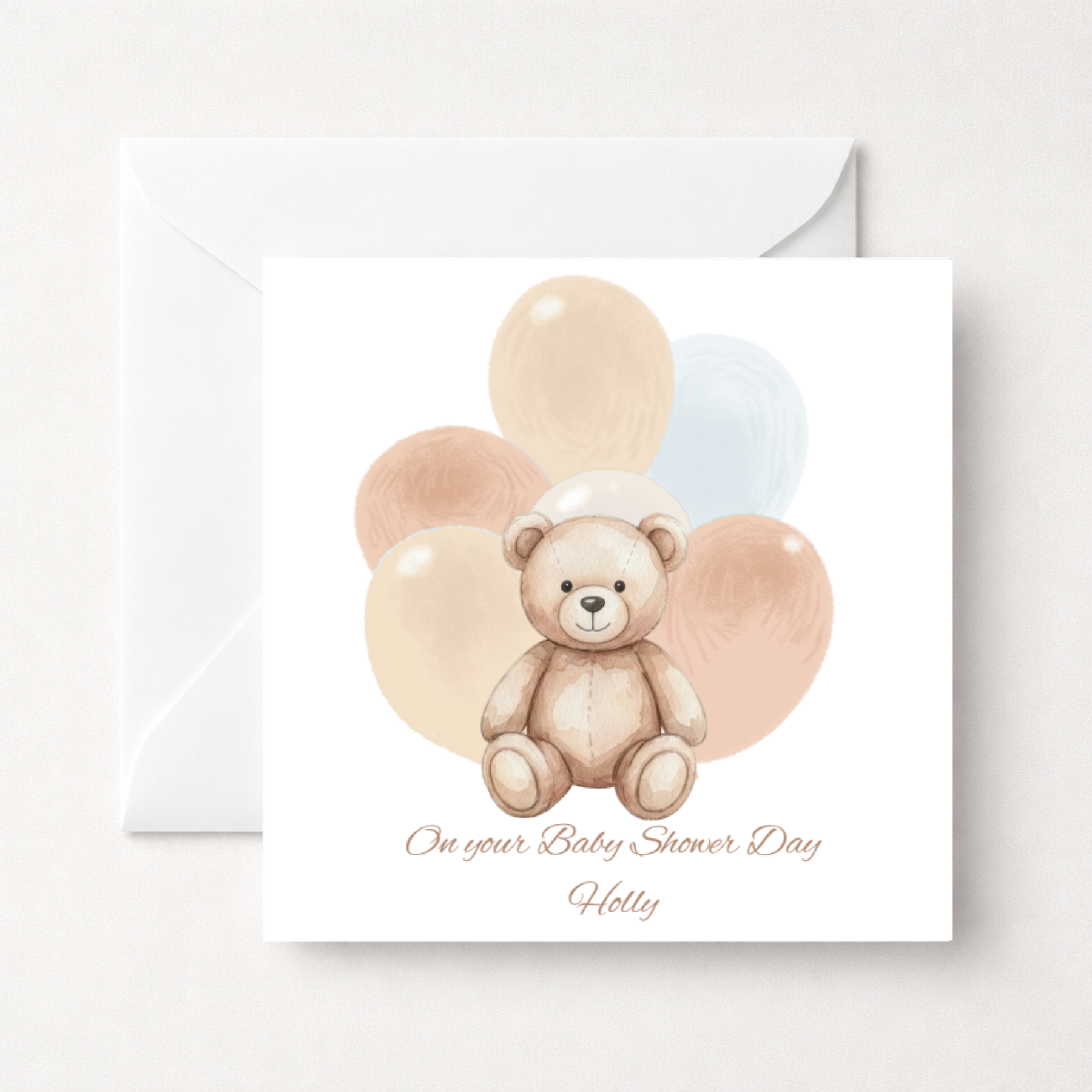 Personalised Teddy Bear Baby Shower Card with Pastel Balloons