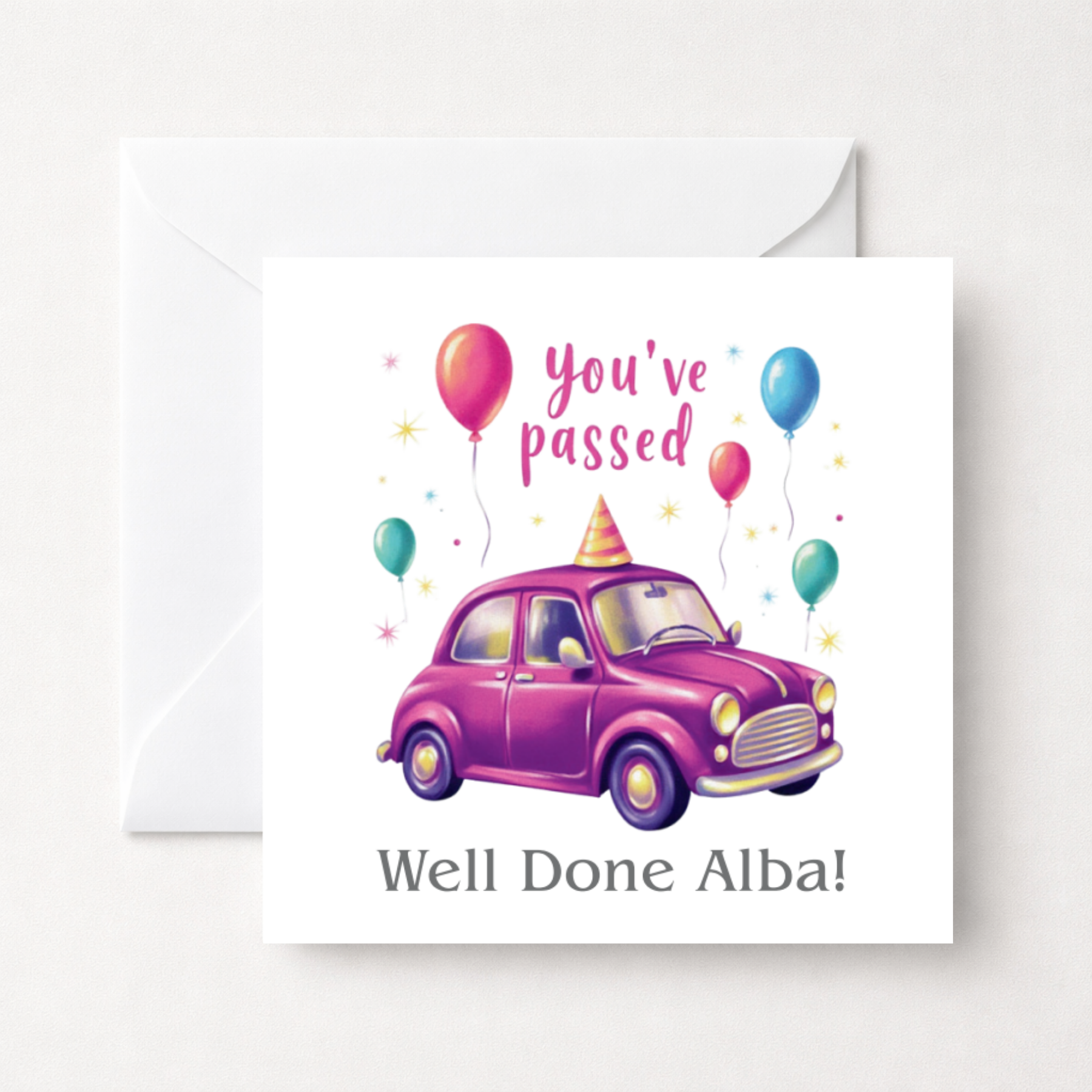 Personalised Driving Test Congratulations Card with Purple Car and Balloons
