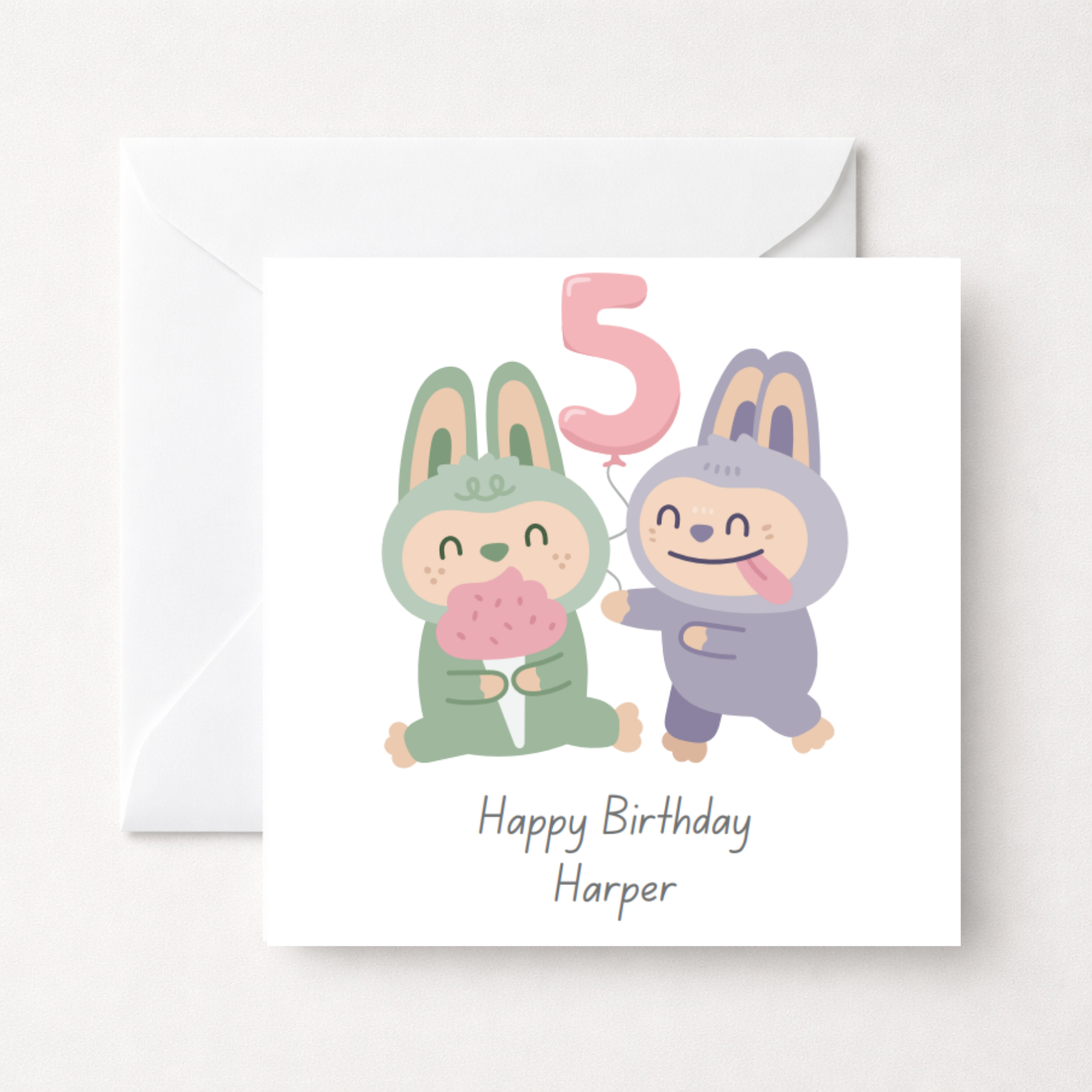 Personalised Cute Bunny Friends Birthday Card with Age Balloon