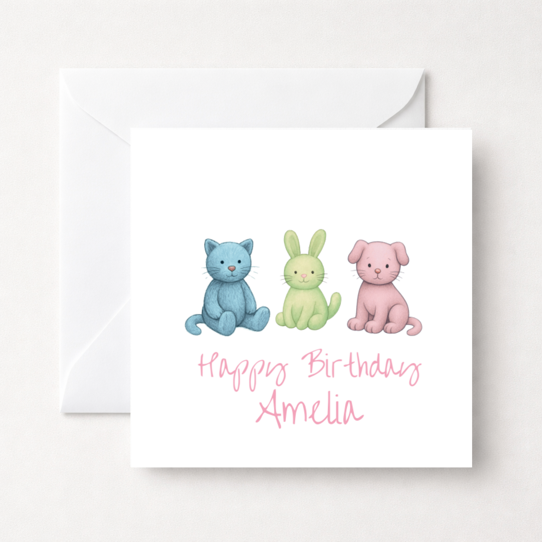 Personalised Pink Nose Animal Friends Birthday Card (Cat, Bunny & Puppy)