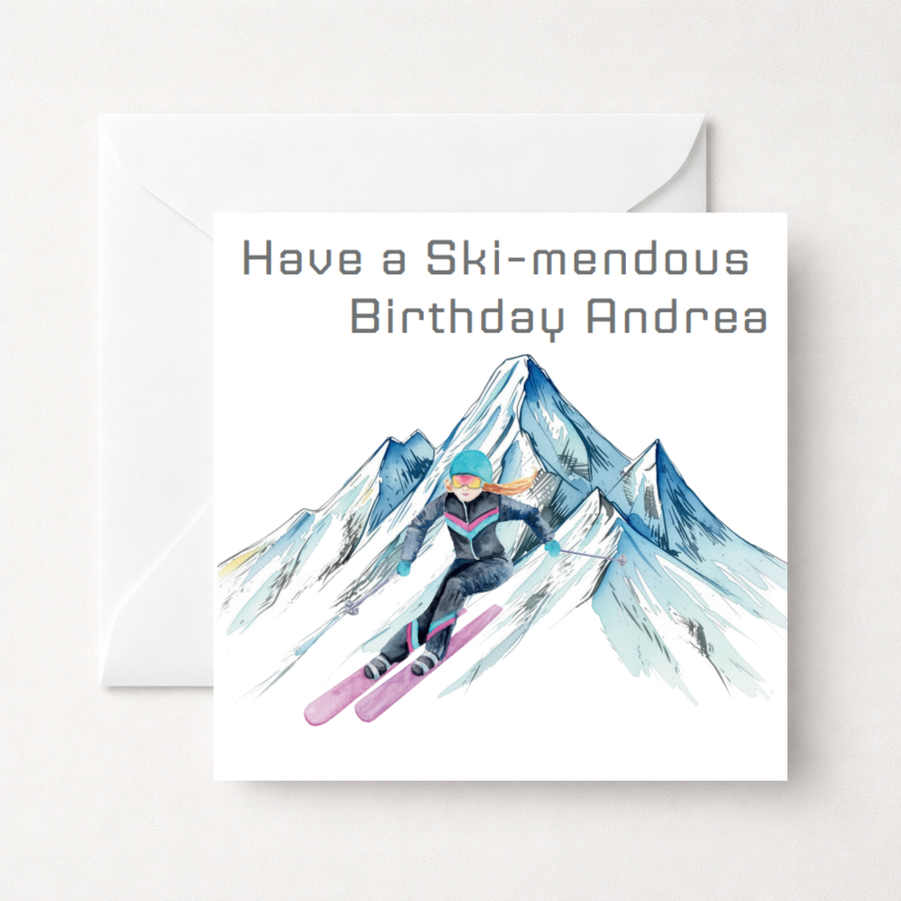 Personalised Skiing Birthday Card – Ski-mendous Mountain Design