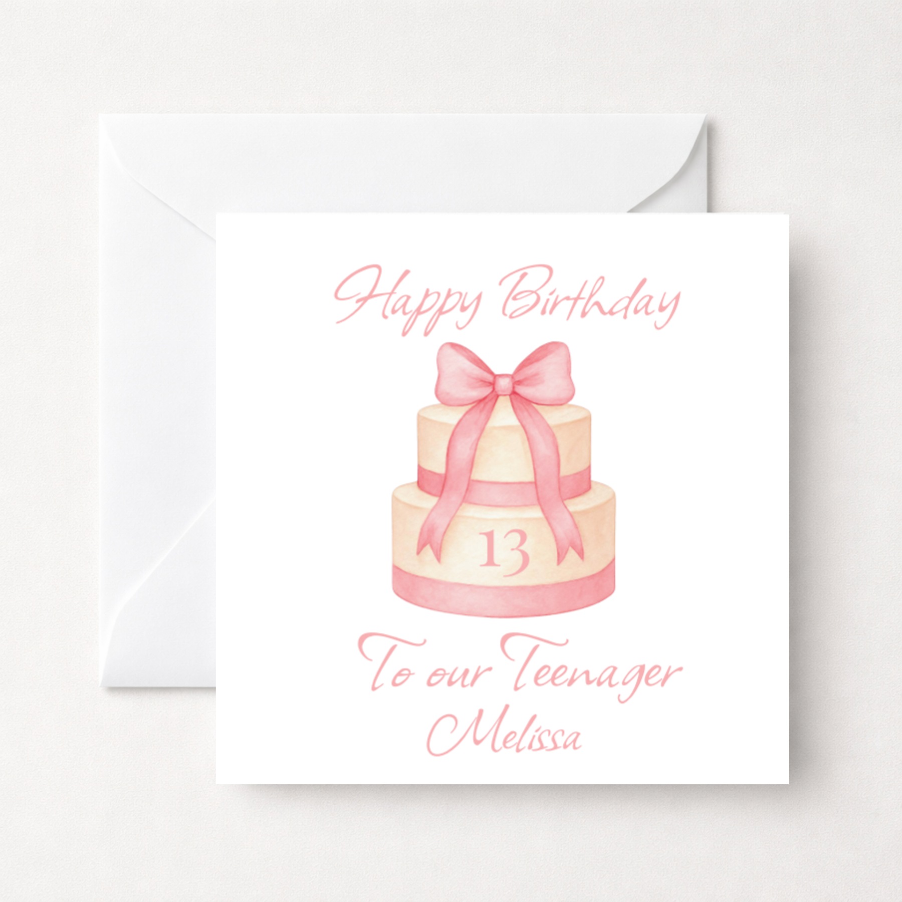 Personalised Teenager Birthday Card - Pink Bow Cake Design