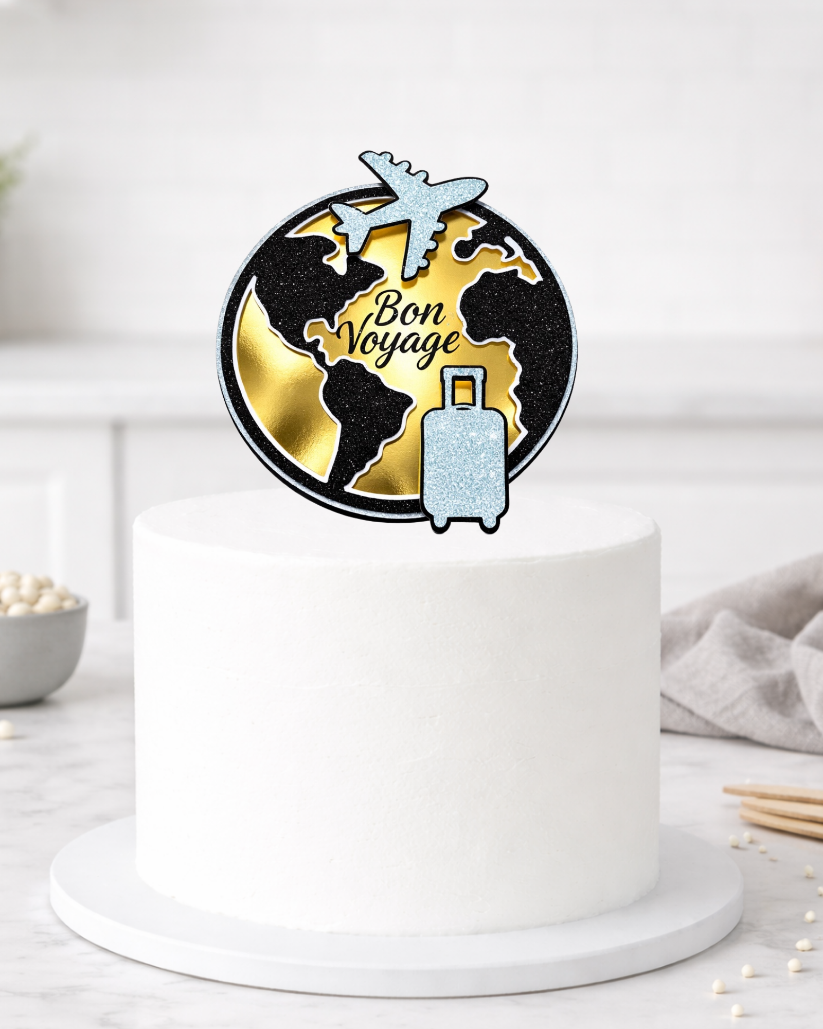 Personalised Bon Voyage Travel Cake Topper with Globe & Airplane