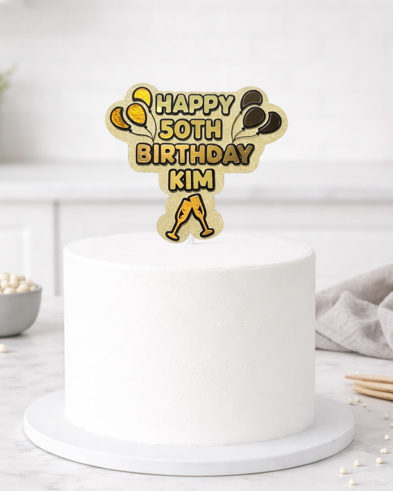 Personalised Black & Gold Balloons Birthday Cake Topper