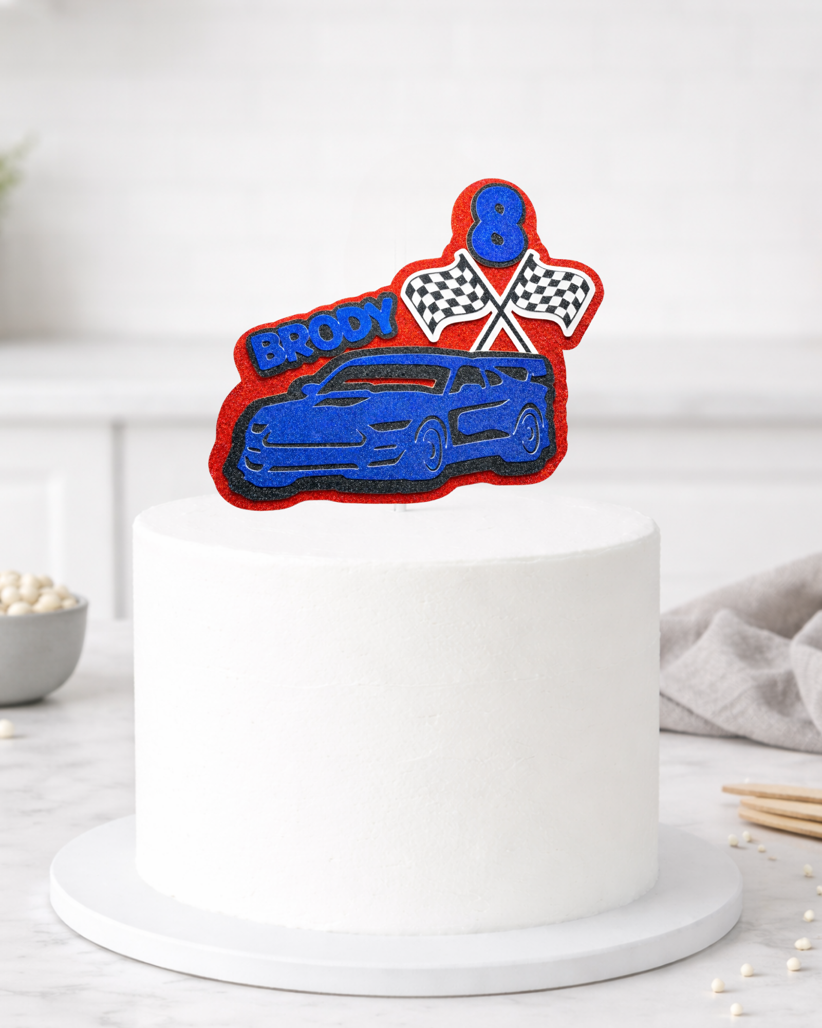 Personalised Race Car Birthday Cake Topper with Checkered Flags