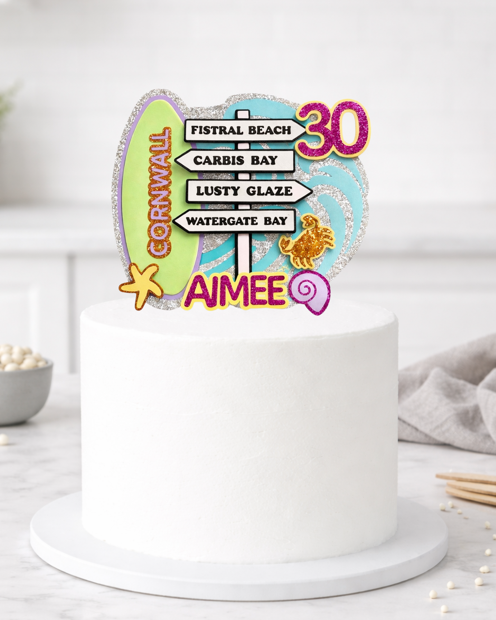 Personalised Cornwall Beach Signpost Birthday Cake Topper