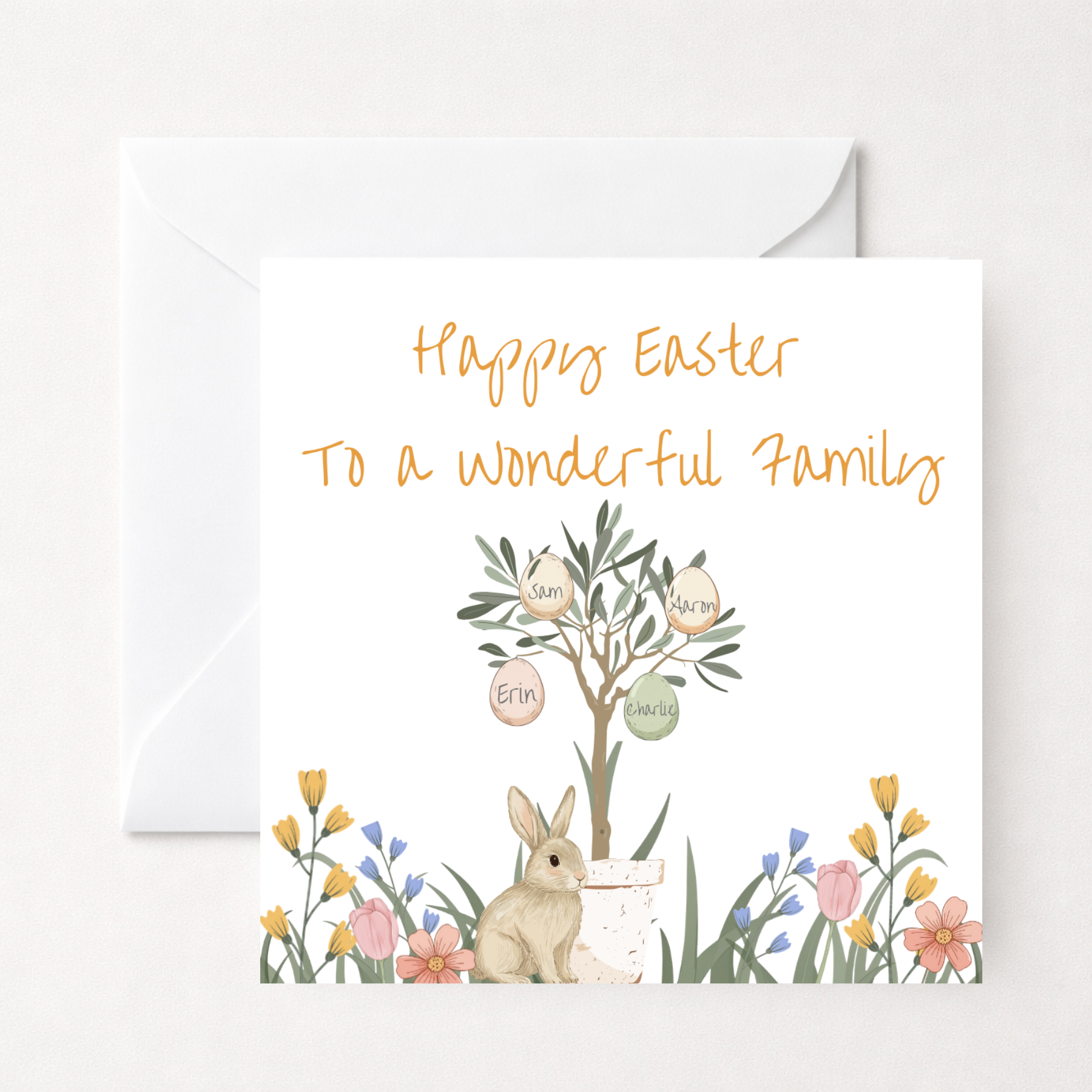 Personalised Family Easter Card with Bunny and Floral Egg Tree
