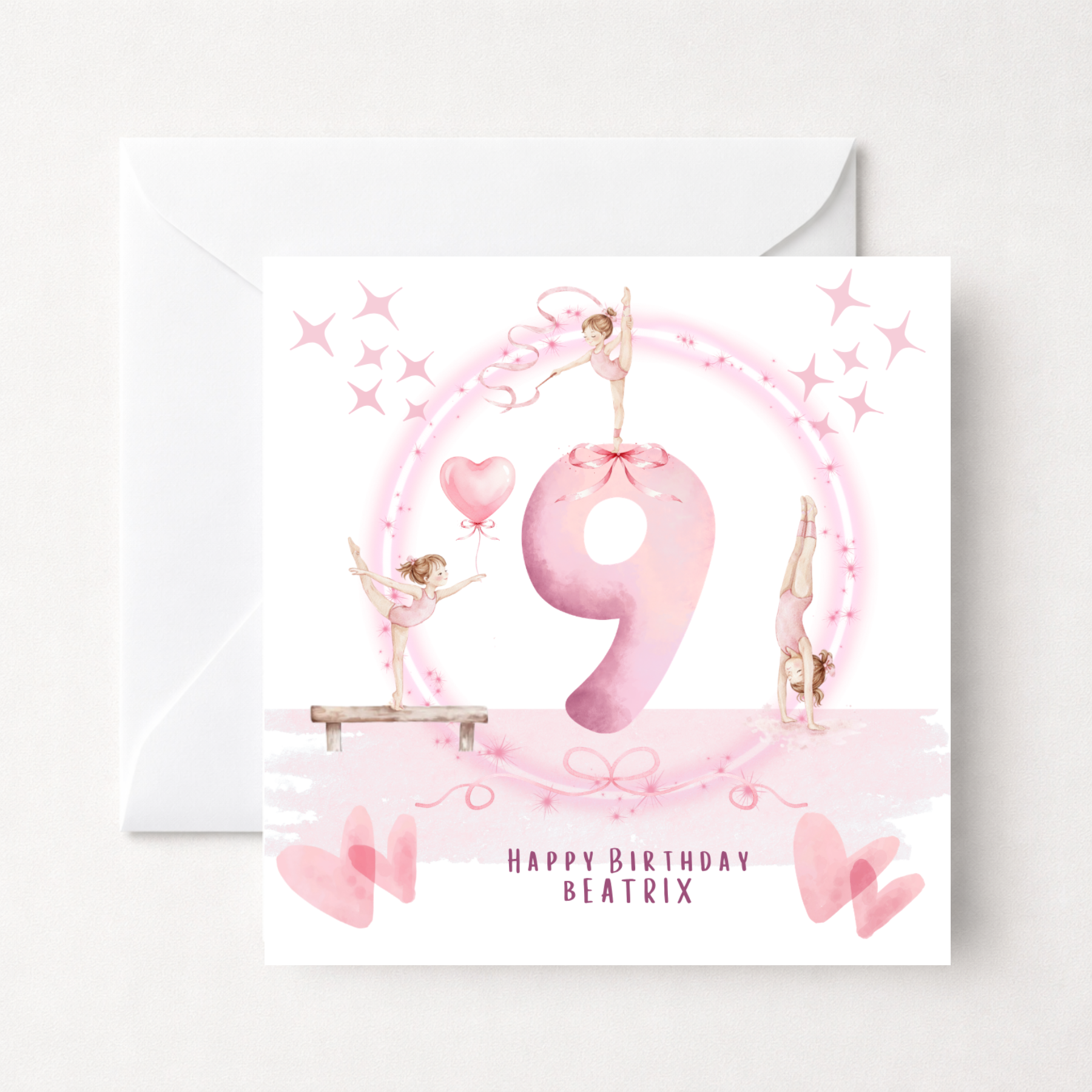 Personalised Pink Gymnastics Birthday Card with Age & Name