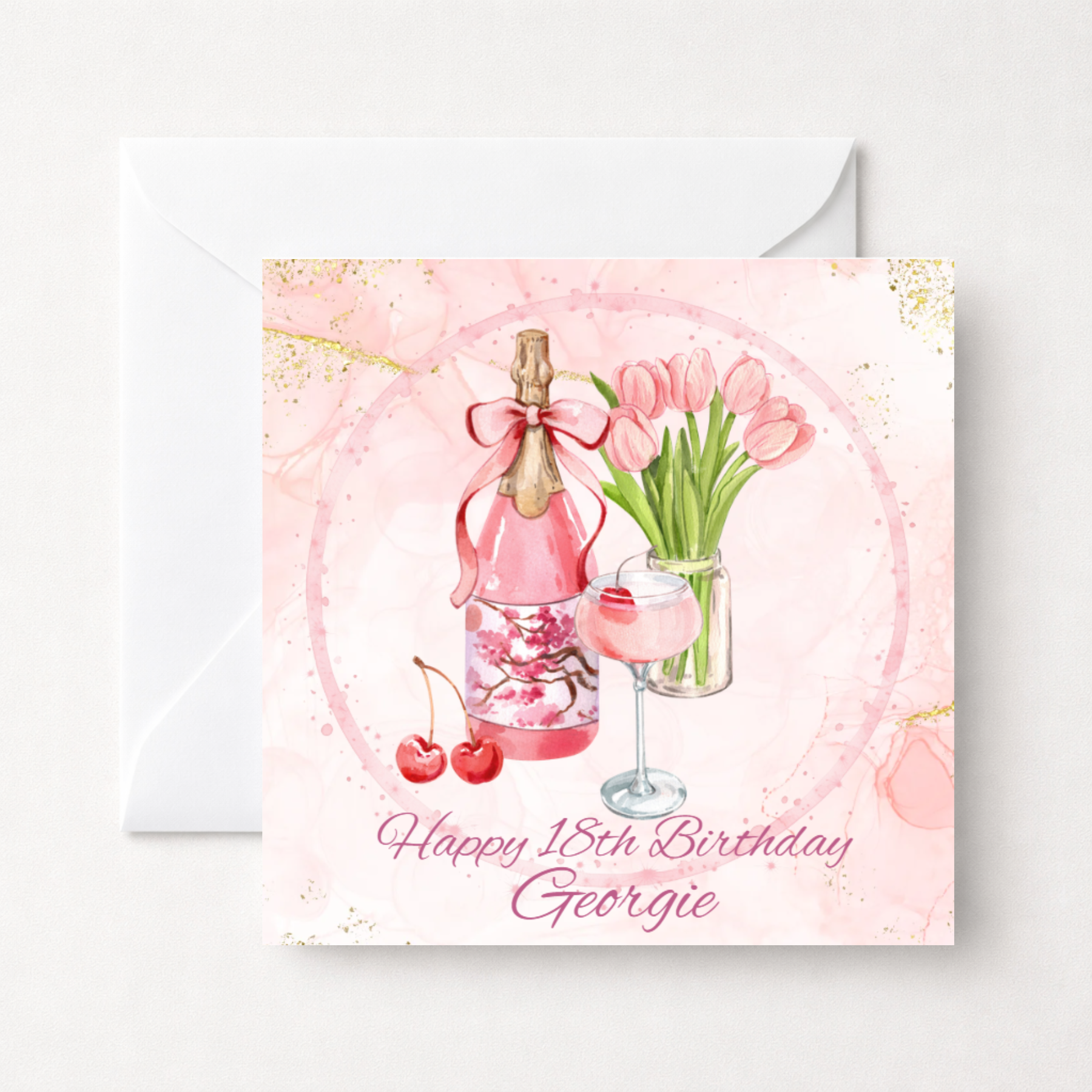 Personalised 18th Birthday Card with Pink Champagne and Tulips